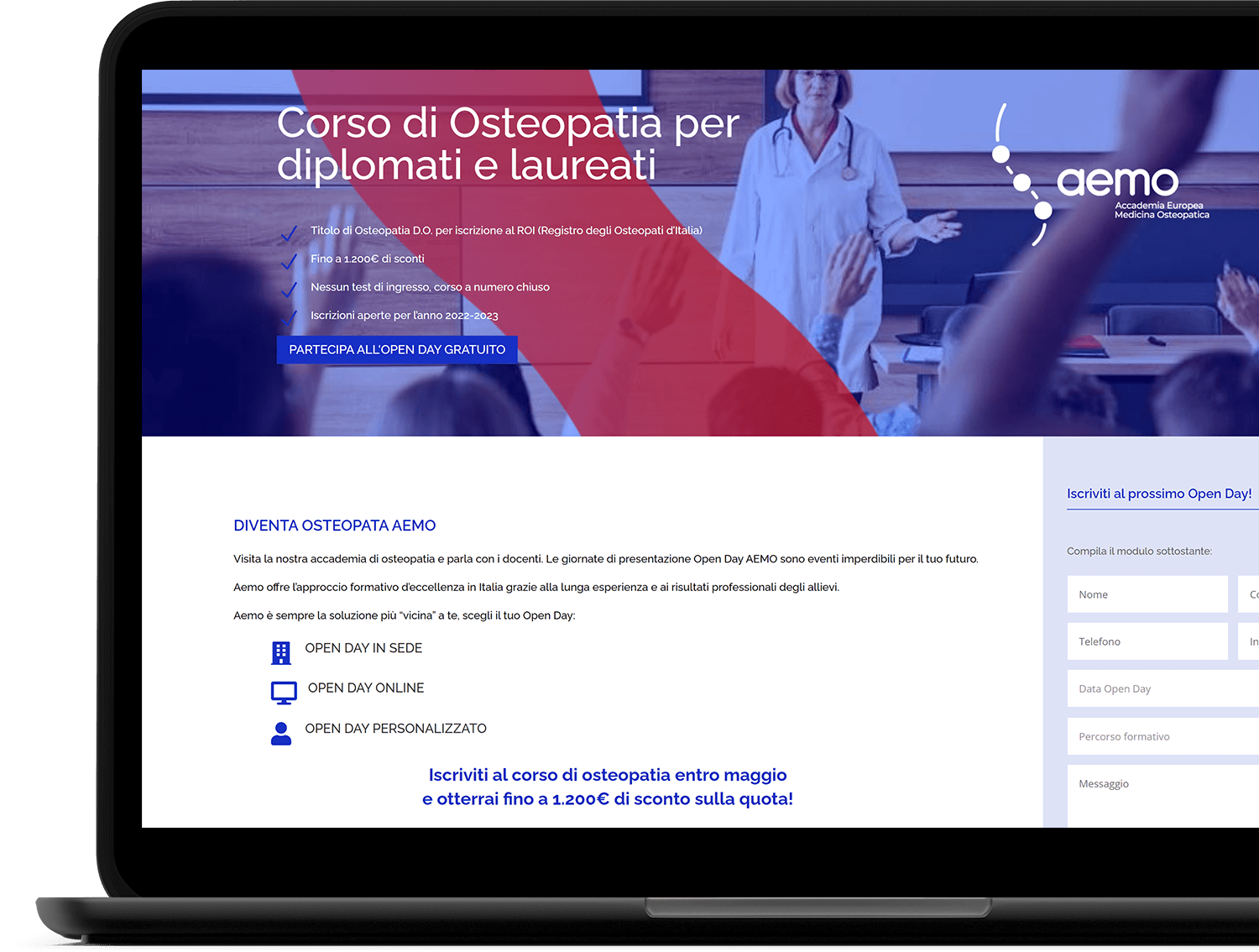 Web design squeeze page per Scuola di Osteopatia Aemo